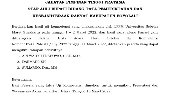 Pengumuman Hasil Seleksi Uji Kompetensi JPT Pratama Tahun 2022